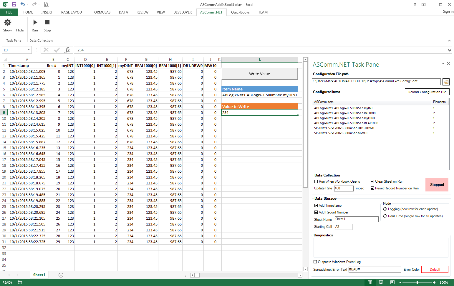 Excel Add-in for Allen-Bradley Data Logging
